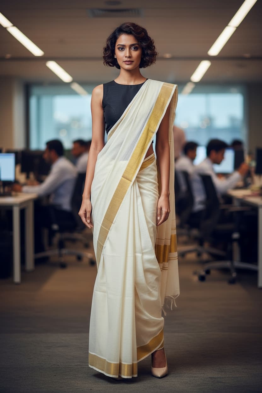 Fine Cotton Saree-Off White-Golden Border