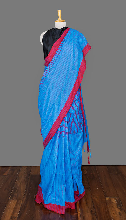 Blue & Red Chequred Handloom Cotton Saree | simmpli ethnicc