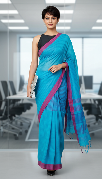 HANDLOOM COTTON SAREE-BLUE & RED CHECKERED - HANDLOOM SAREE COLLECTION | simmpli ethnicc