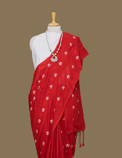 Red Embroidered Booties Cotton Saree | simmpli ethnicc