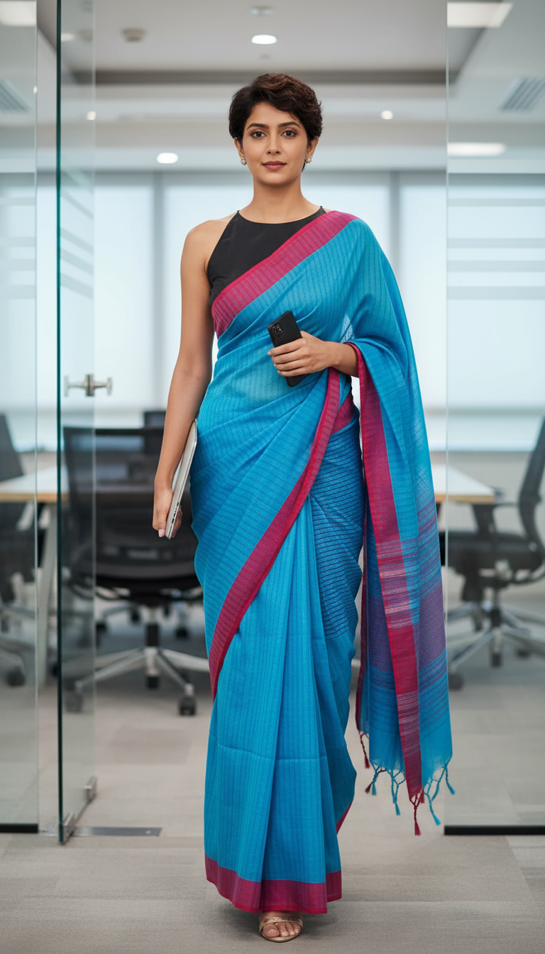 HANDLOOM COTTON SAREE-BLUE & RED CHECKERED - HANDLOOM SAREE COLLECTION | simmpli ethnicc