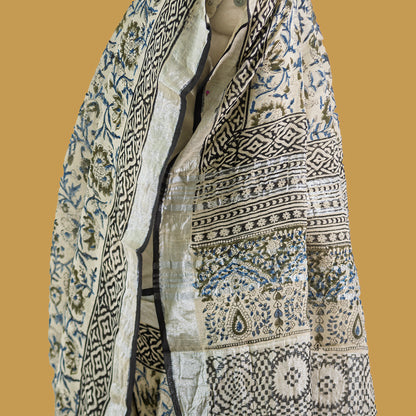 simmpli ethnicc | BEIGE-SAGE GREEN COTTON LINEN PRINTED SAREE