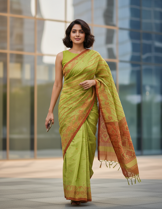 HANDLOOM COTTON SAREE-OLIVE_GREEN-WOVEN_HANDLOOM SAREE COLLECTION | simmpli ethnicc