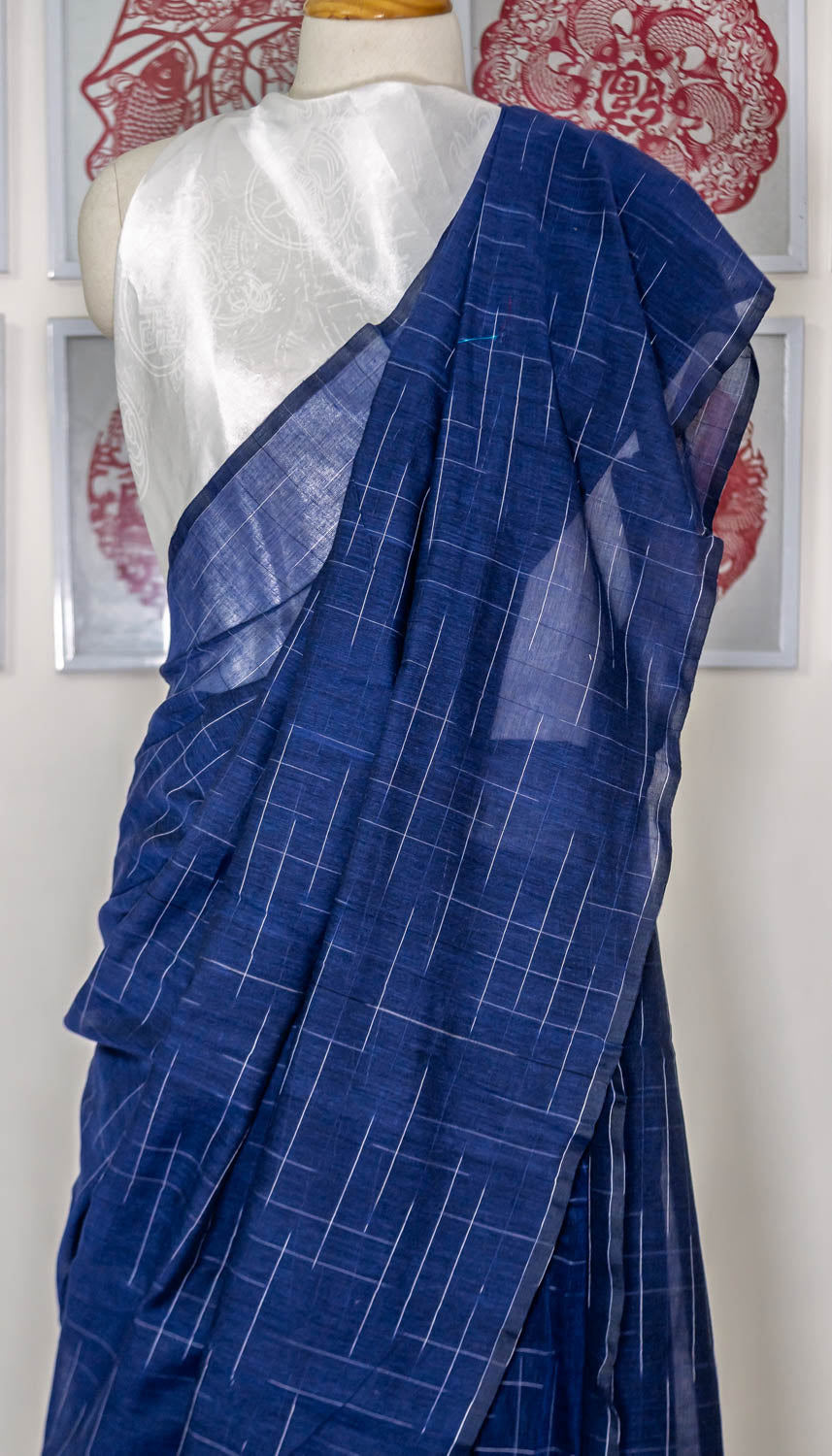 HANDLOOM COTTON SAREE-LIGHT NAVY BLUE-WHITE WOVEN DESIGN-HANDLOOM SAREE COLLECTION | simmpli ethnicc