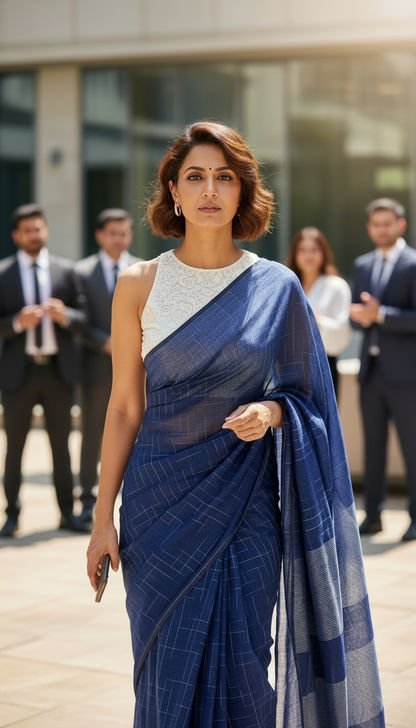 HANDLOOM COTTON SAREE-LIGHT NAVY BLUE-WHITE WOVEN DESIGN-HANDLOOM SAREE COLLECTION | simmpli ethnicc