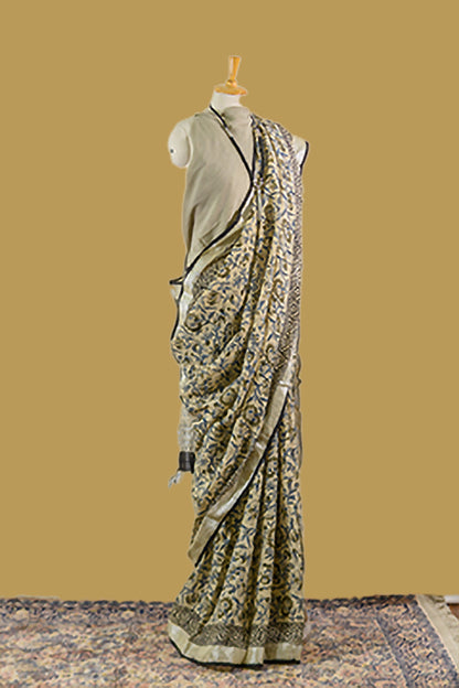 simmpli ethnicc | BEIGE-SAGE GREEN COTTON LINEN PRINTED SAREE