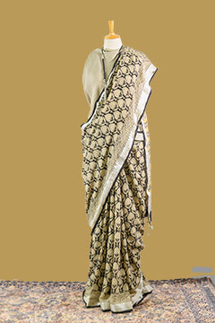 simmpli ethnicc | BEIGE-SAGE GREEN COTTON LINEN PRINTED SAREE