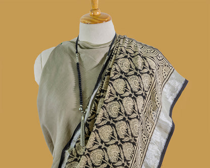 simmpli ethnicc | BEIGE-SAGE GREEN COTTON LINEN PRINTED SAREE
