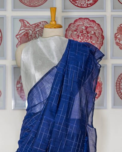HANDLOOM COTTON SAREE-LIGHT NAVY BLUE-WHITE WOVEN DESIGN-HANDLOOM SAREE COLLECTION | simmpli ethnicc