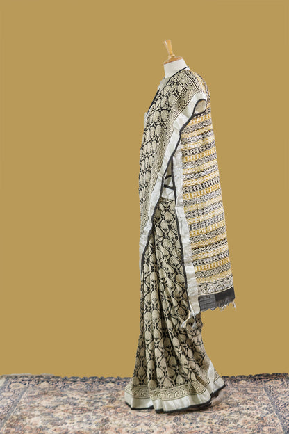 simmpli ethnicc | BEIGE-SAGE GREEN COTTON LINEN PRINTED SAREE
