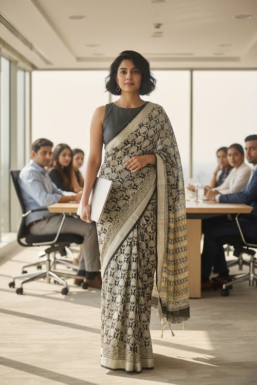 Cotton Linen Saree-Sage Green-Printed