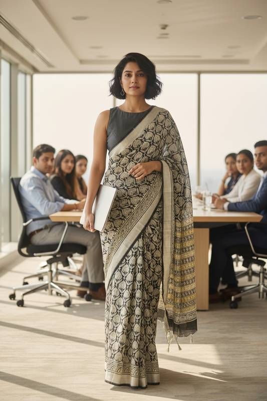 LINEN COTTON SAREE -SAGE GREEN PRINTED - LINEN SAREE COLLECTION | simmpli ethnicc