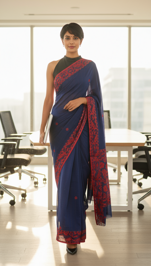 HANDLOOM COTTON SAREE-NAVY BLUE-RED WOVEN BORDER_HANDLOOM SAREE COLLECTION | simmpli ethnicc