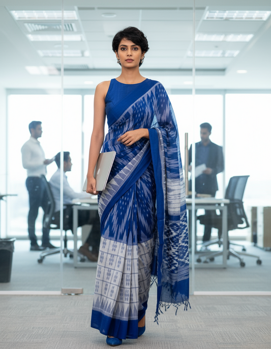 KHADI COTTON SAREE - WHITE- BLUE IKAT - WHITE SAREE COLLECTION | simmpli ethnicc