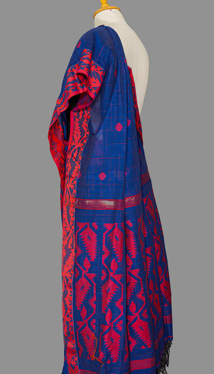 Navy & Red Handloom Cotton Saree | simmpli ethnicc
