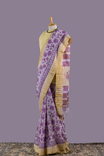 Purple Printed Floral Maheshwari Cotton Saree | simmpli ethnicc