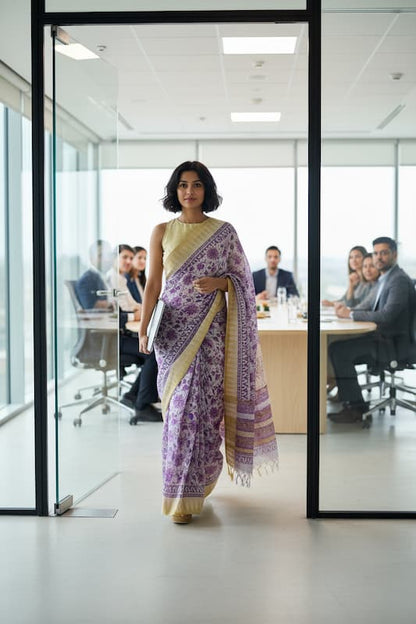 Maheshwari Cotton Saree-Purple Floral Print