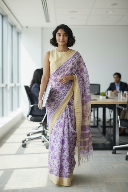 Maheshwari Cotton Saree-Purple Floral Print