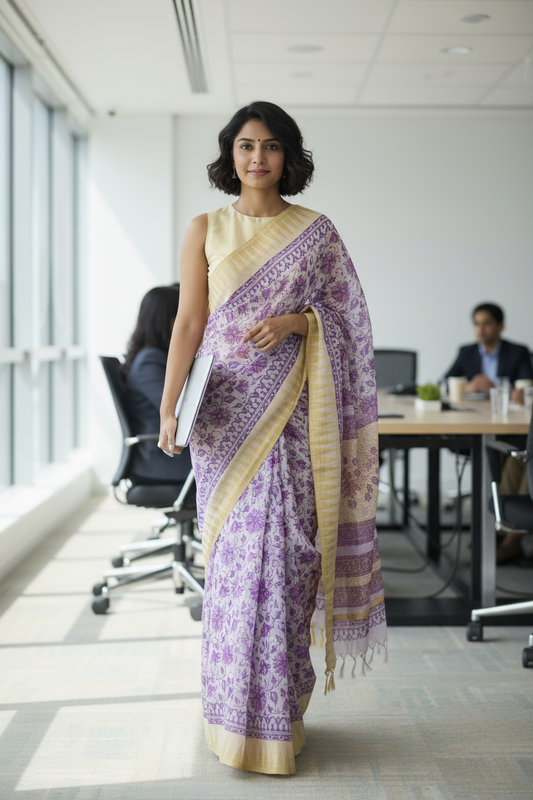 MAHESHWARI COTTON SAREE - PURPLE FLORAL PRINT- PRINTED SAREE COLLECTION