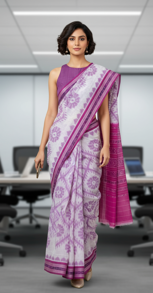 KHADI COTTON SAREE- WHITE-PURPLE IKAT- WHITE SAREE COLLECTION | simmpli ethnicc