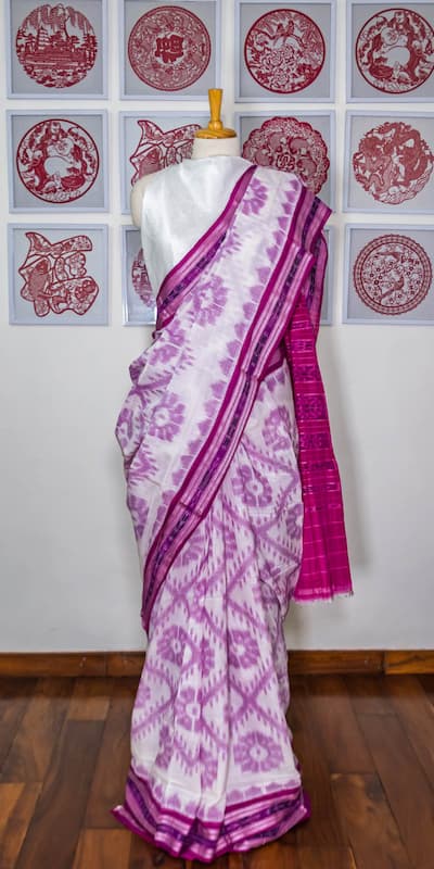 Khadi Cotton Saree- White-Purple-Ikat