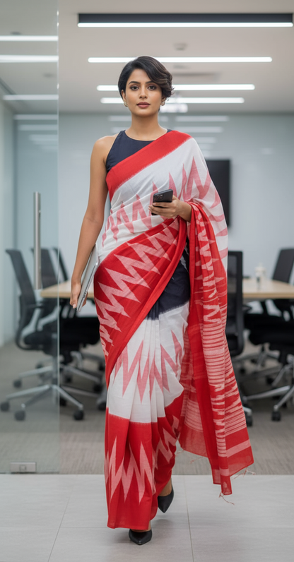 KHADI COTTON SAREE - WHITE-NAVY-RED- IKAT - WHITE SAREES COLLECTION | simmpli ethnicc