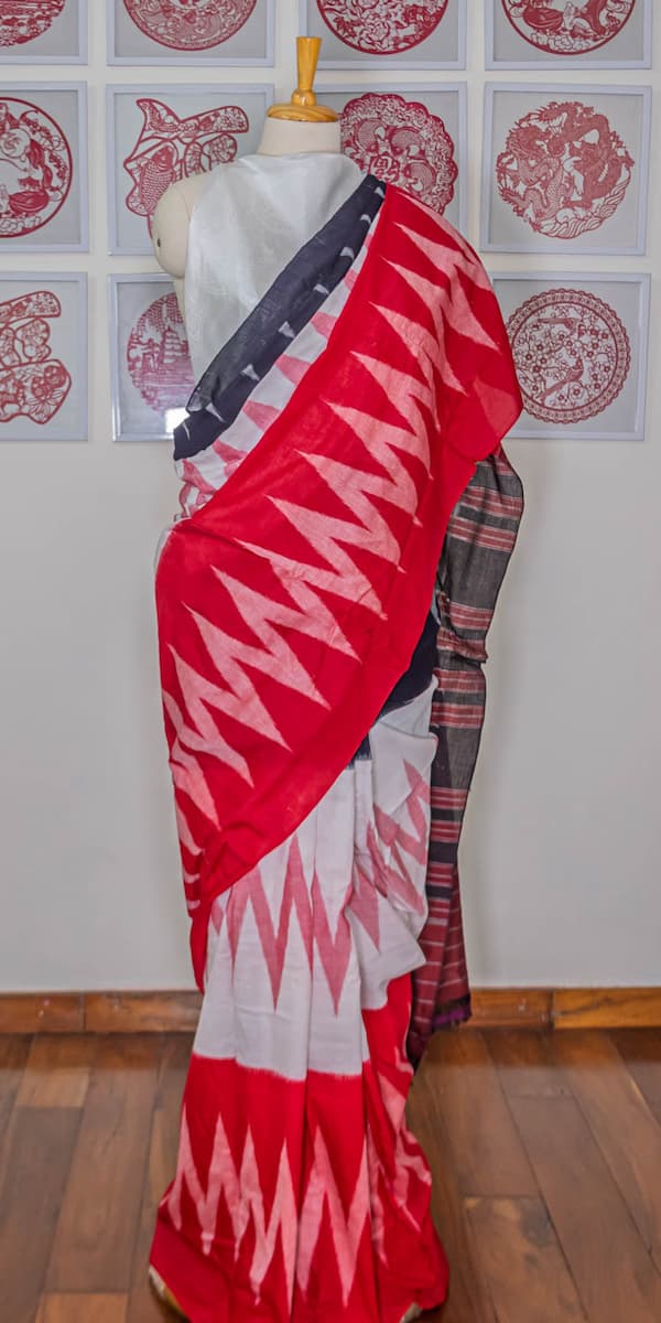 Khadi Cotton Saree-White-Navy-Red- Ikat
