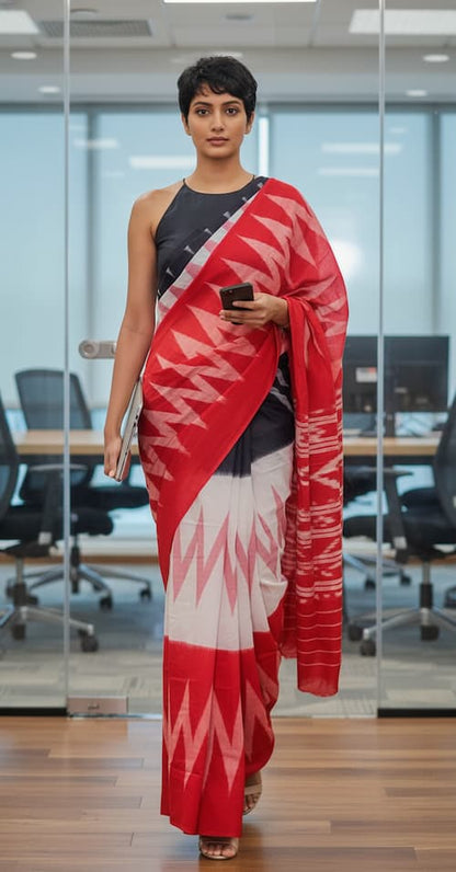 Khadi Cotton Saree-White-Navy-Red- Ikat