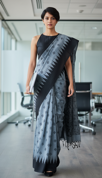 HANDLOOM COTTON SAREE-STEEL GRAY-BLACK PRINTED-HANDLOOM SAREE COLLECTION | simmpli ethnicc