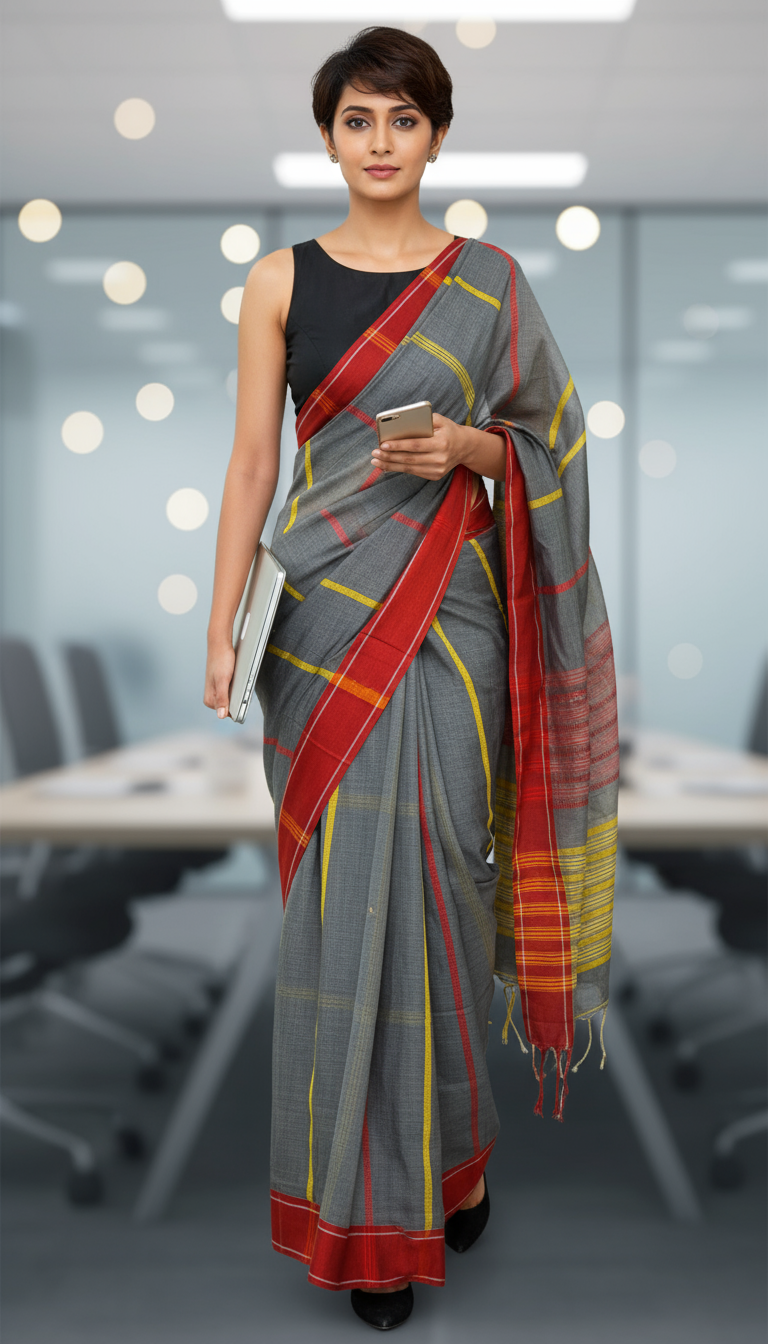 HANDLOOM COTTON SAREE-GREY-RED-YELLOW STRIPED- HANDLOOM SAREE COLLECTION |simmpli ethnicc