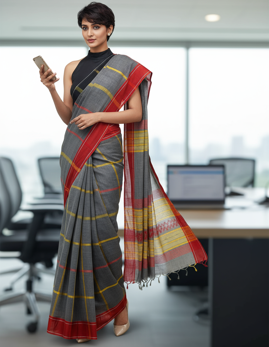 HANDLOOM COTTON SAREE-GREY-RED-YELLOW STRIPED- HANDLOOM SAREE COLLECTION |simmpli ethnicc