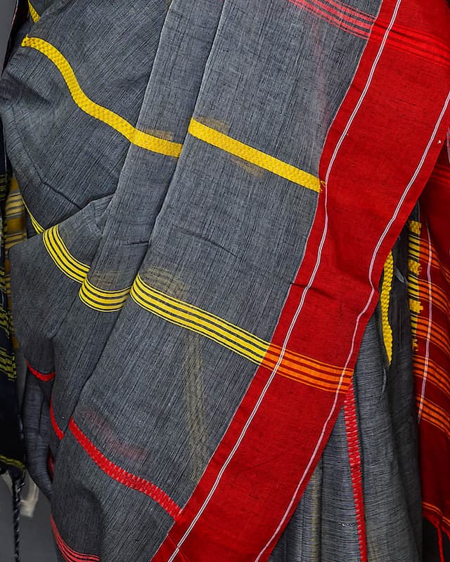 Handloom Cotton Saree-Grey-Black-Red Border Yellow Woven Striped