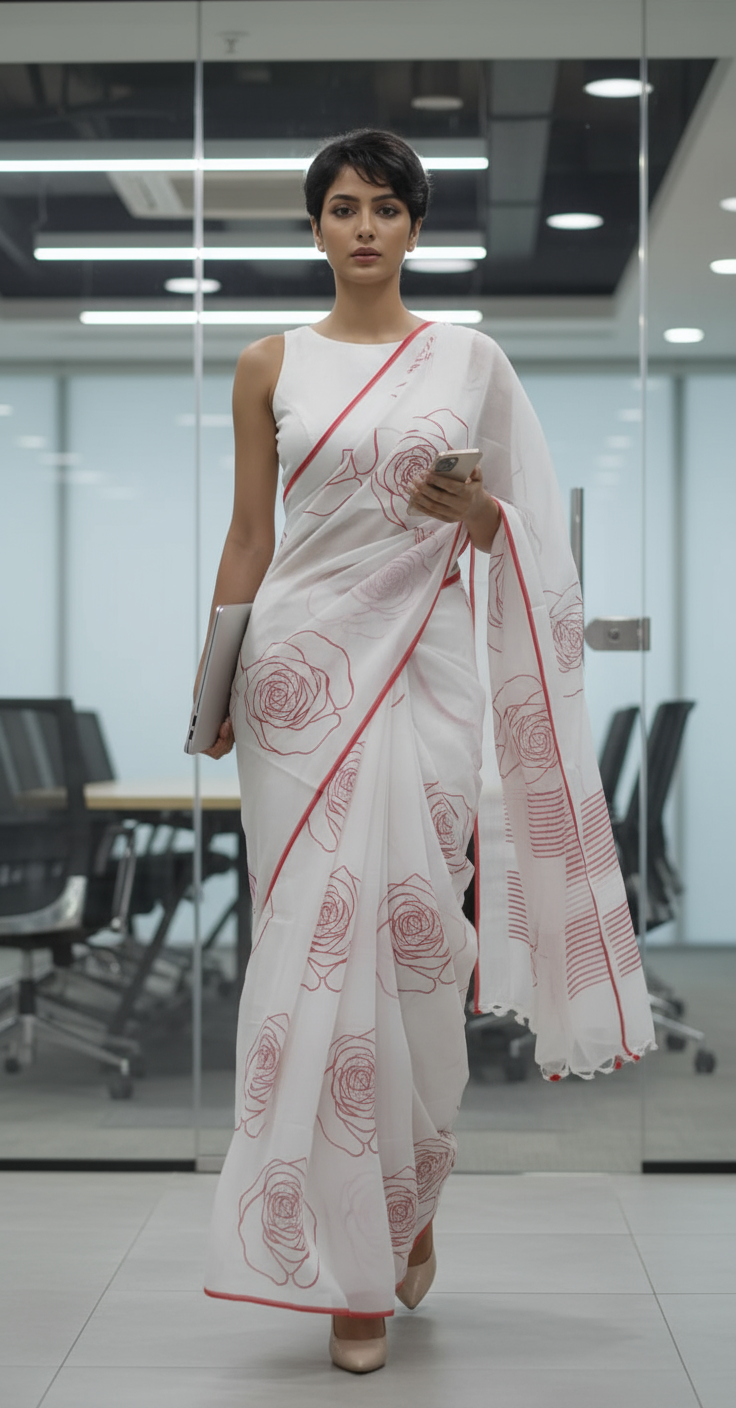 MUL_COTTON-OFF WHITE-RED-ROSE PRINTED SAREE-PRINTED SAREE COLLECTION | simmpli ethnicc