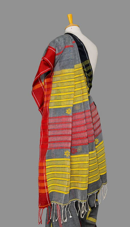 Handloom Cotton Saree-Grey-Black-Red Border Yellow Woven Striped