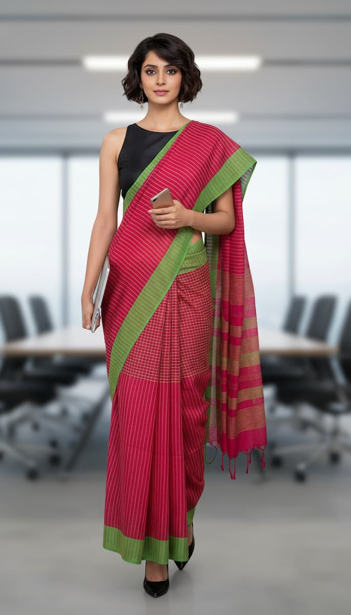 Handloom cotton saree-Resberry Red-Green Checkered