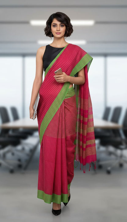 Handloom cotton saree-Resberry Red-Green Checkered