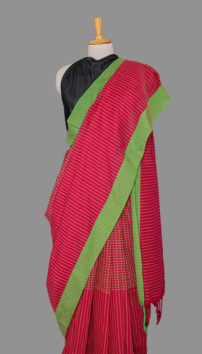 Handloom cotton saree-Resberry Red-Green Checkered