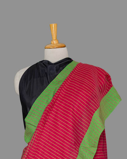 Handloom cotton saree-Resberry Red-Green Checkered