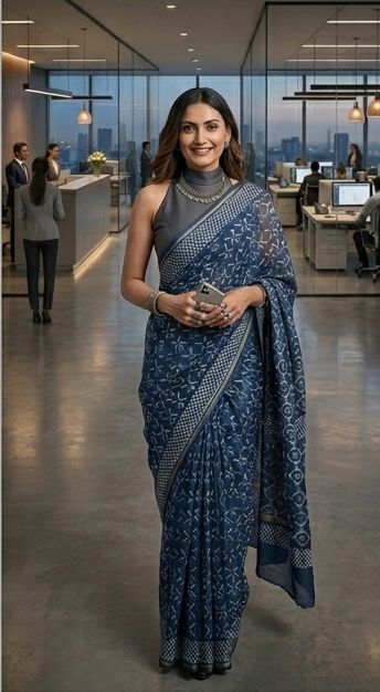 Chanderi Cotton Silk Saree -Indigo Blue-Hand block Printed Indigo