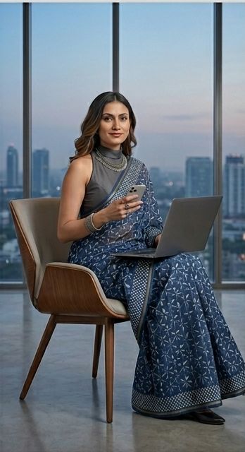Chanderi Cotton Silk Saree -Indigo Blue-Hand block Printed Indigo