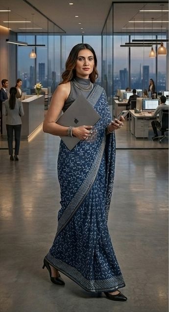 Chanderi Cotton Silk Saree -Indigo Blue-Hand block Printed Indigo