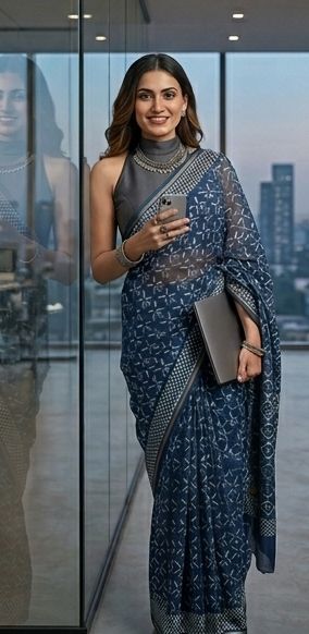 Chanderi Cotton Silk Saree -Indigo Blue-Hand block Printed Indigo