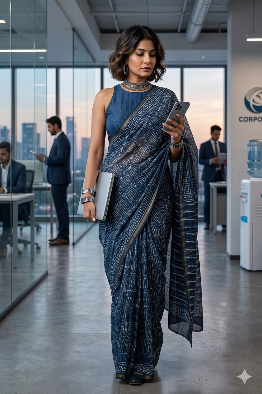 Chanderi Cotton Silk Saree - Indigo Blue-Fish Print