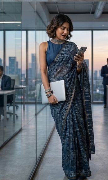 Chanderi Cotton Silk Saree - Indigo Blue-Fish Print