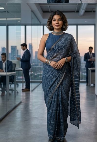 Chanderi Cotton Silk Saree - Indigo Blue-Fish Print