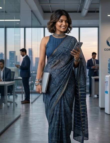 Chanderi Cotton Silk Saree - Indigo Blue-Fish Print