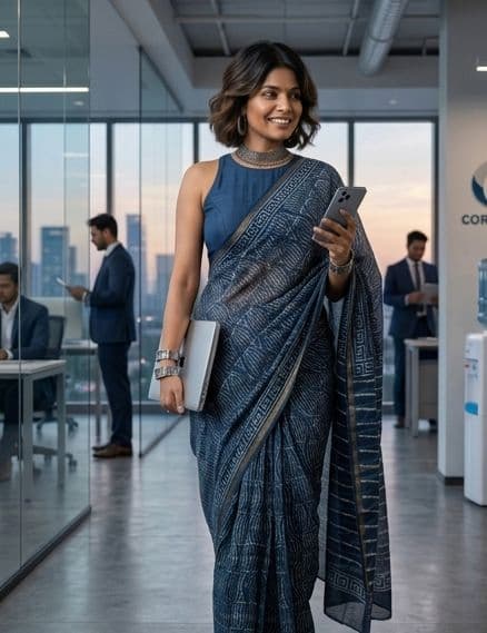 Chanderi Cotton Silk Saree - Indigo Blue-Fish Print