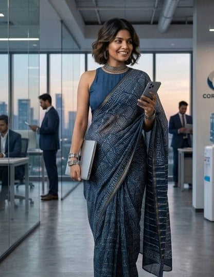 Chanderi Cotton Silk Saree - Indigo Blue-Fish Print
