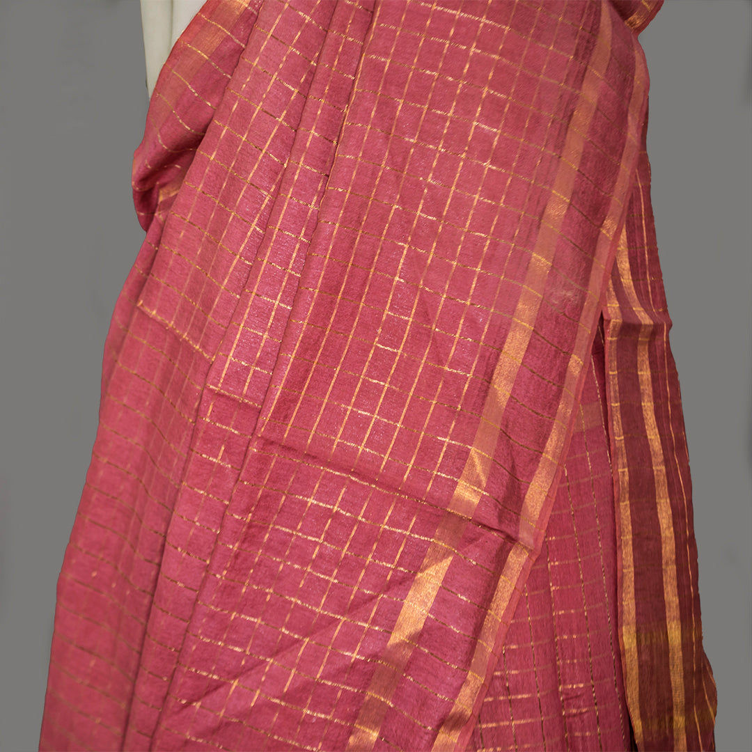 Brick Red Cotton Linen Saree Golden line checks with slim Border