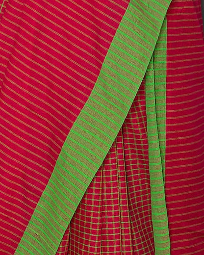 Handloom cotton saree-Resberry Red-Green Checkered